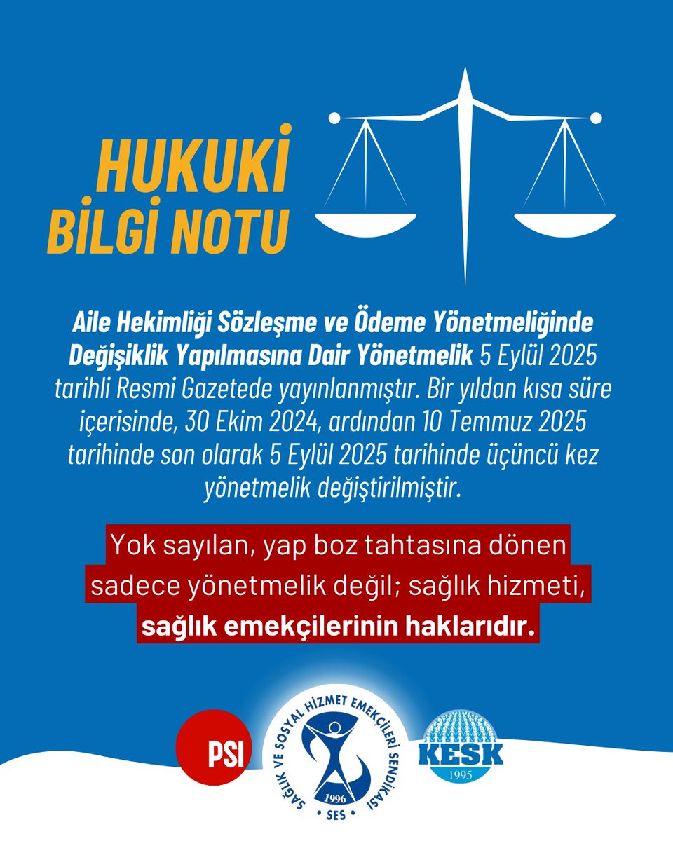 ⚖️Aile Hekimliği Sözleşme ve Ödeme Yönetmeliğinde Değişiklik Yapılmasına Dair Yönetmelik 5 Eylül 2025 tarihli Resmi Gazetede yayınlanmıştır. Bir yıldan kısa süre içerisinde, 30 Ekim 2024, ardından 10 Temmuz 2025 tarihinde son olarak 5 Eylül 2025 tarihinde üçüncü kez yönetmelik