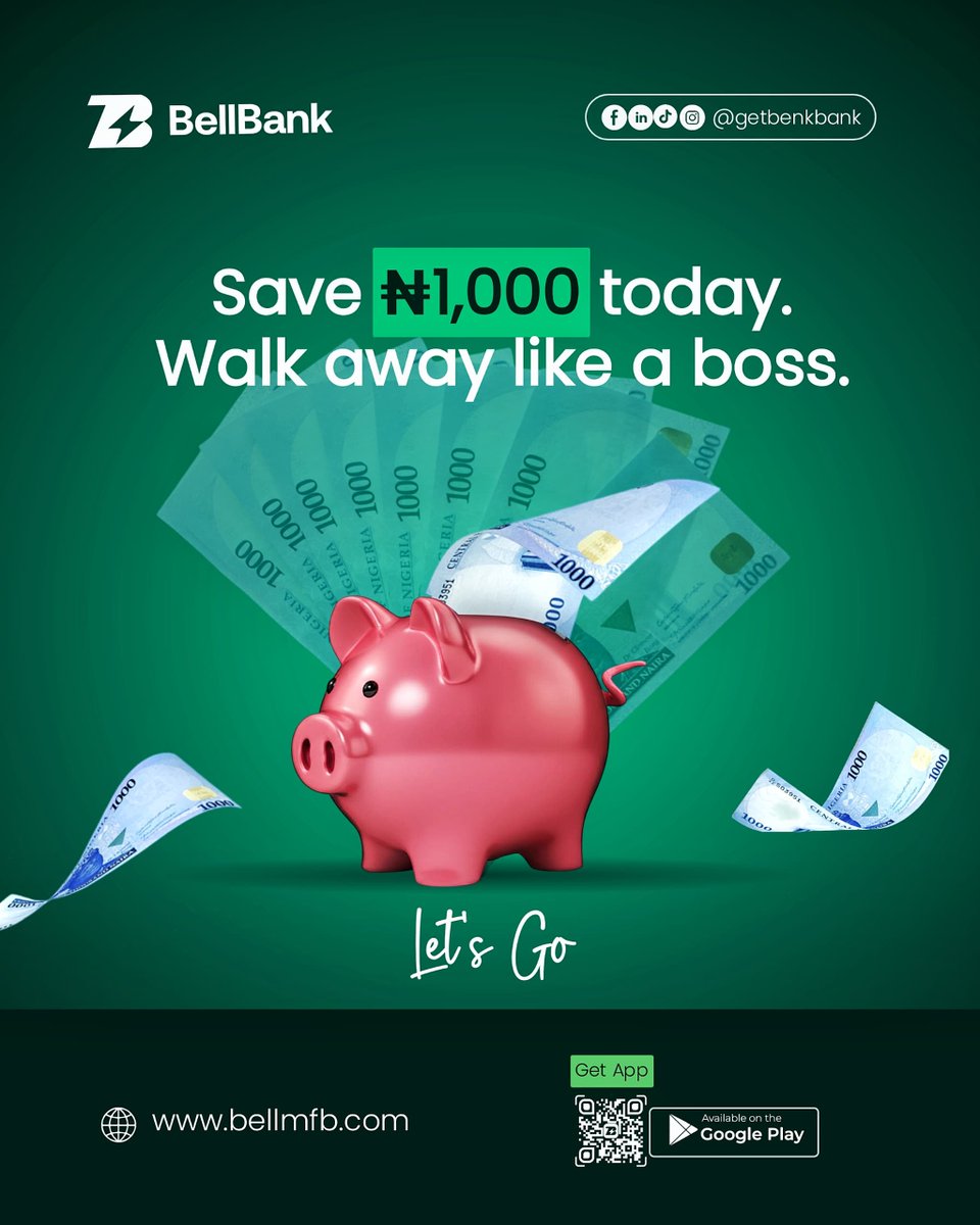 Save just ₦1,000 today and start building your future.

No stress. No excuses. Just start. 

Let’s go! 🔥

#BellBank #SavingsMadeEasy #LetsGo