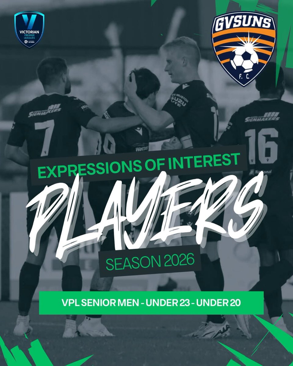 GV Suns FC

We are now accepting expressions of interest for our Senior Men’s component for Season 2026.

Complete the following the Senior Link:

form.jotform.com/252241356036046

For further information, please reach out to Head Coach, Craig Carley via email seniorcoach@gvsuns.com.au