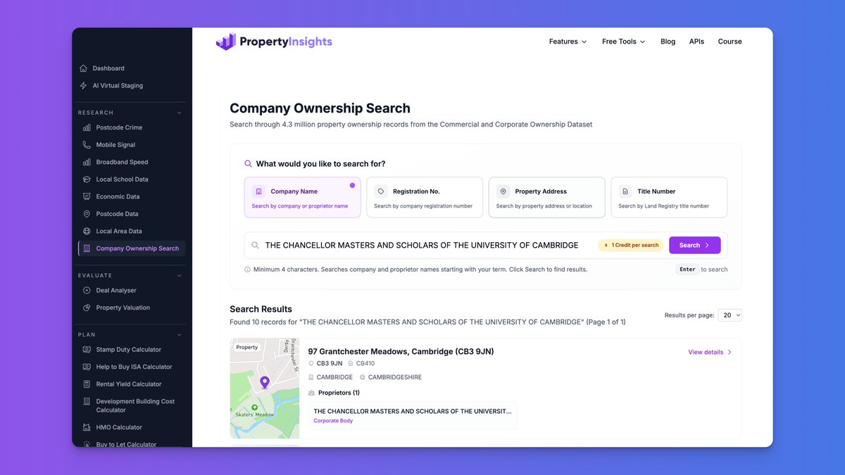 New Feature ✨Company Ownership Search ✨

You can now search 4.3 million properties in the UK owned by companies at propertyinsights.co.uk

Find out the company's ultimate beneficiary owners by following the Companies House ownership chains.