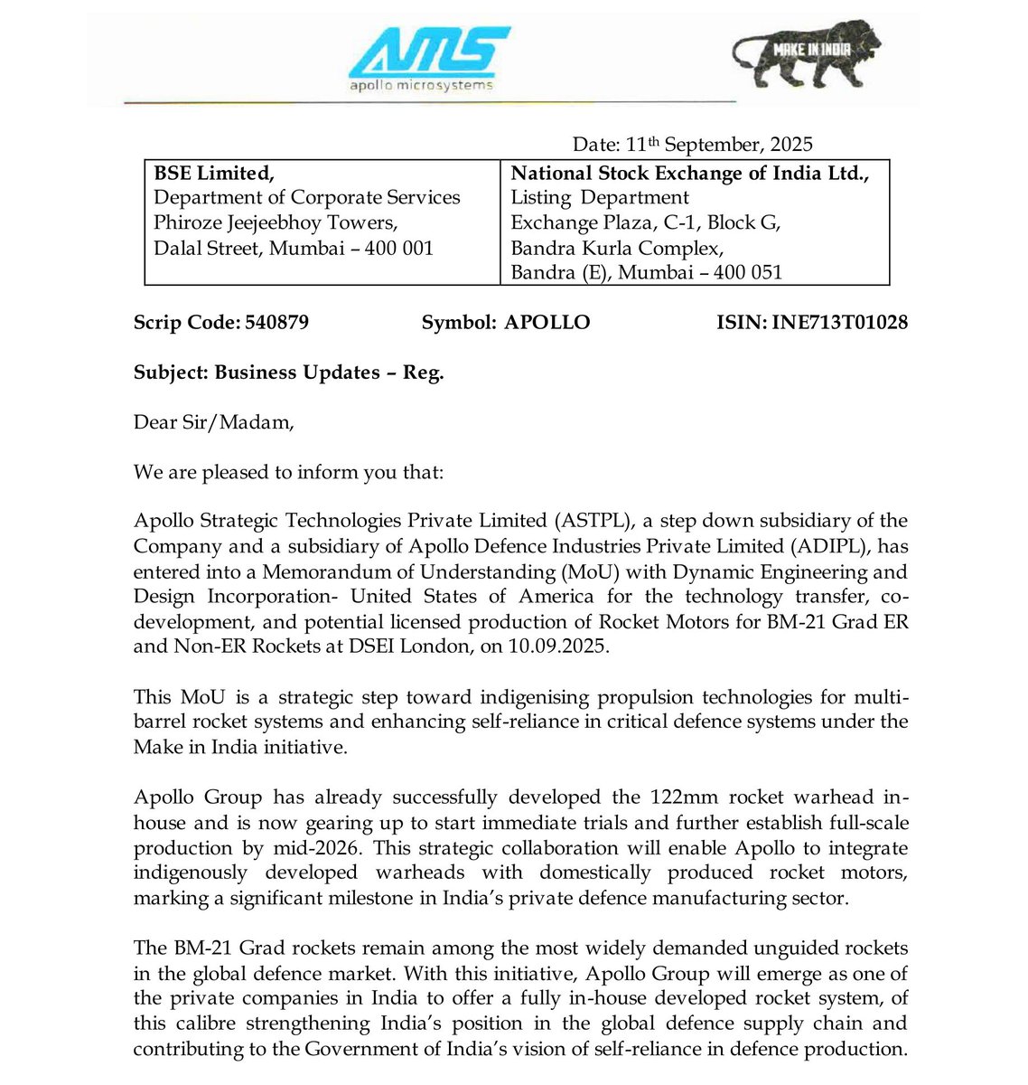 thebigbulldeals's tweet image. Apollo Micro Systems Set for Indigenous 122mm Rocket Production by 2026.