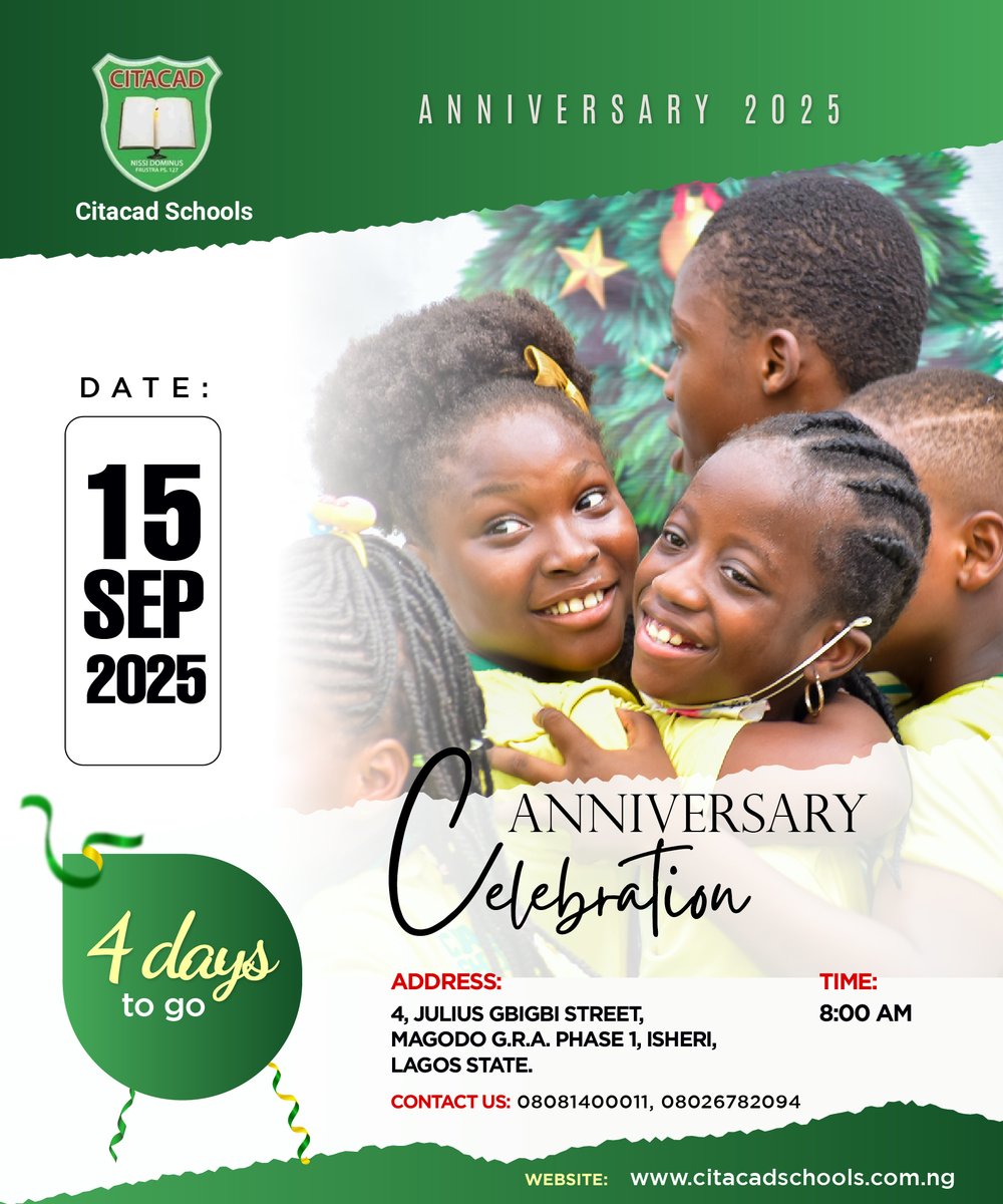 CitacadNG's tweet photo. 4 Days to Go

🎉 Only 4 days left! Citacad Schools is turning 27—a legacy of learning, growth &amp; bright futures! 🌟

#CitacadAt27 #ExcellenceInEducation #CitacadSchools #Asolidfoundation #CSN https://t.co/1KWBKBcK9u