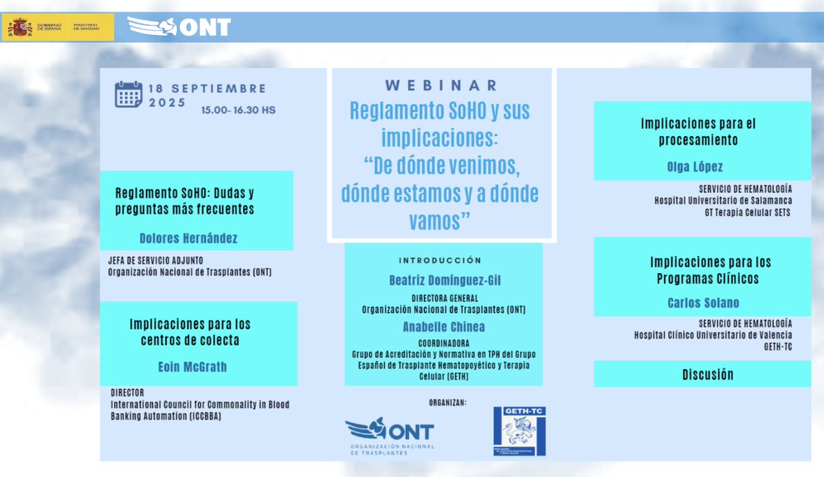 GETH (@geth_info) on Twitter photo Empezamos el curso por todo lo alto. No dejes de echarle un vistazo a este webinar en colaboración con <a href="/ONT_esp/">Organización Nacional de Trasplantes</a> sobre los retos que plantea la implementación del reglamento #SOHO para los programas de #TPH y #TerCel. Regístrate en register.gotowebinar.com/register/85142… #GETHingReady #Normativa Empezamos el curso por todo lo alto. No dejes de echarle un vistazo a este webinar en colaboración con <a href="/ONT_esp/">Organización Nacional de Trasplantes</a> sobre los retos que plantea la implementación del reglamento #SOHO para los programas de #TPH y #TerCel. Regístrate en register.gotowebinar.com/register/85142… #GETHingReady #Normativa