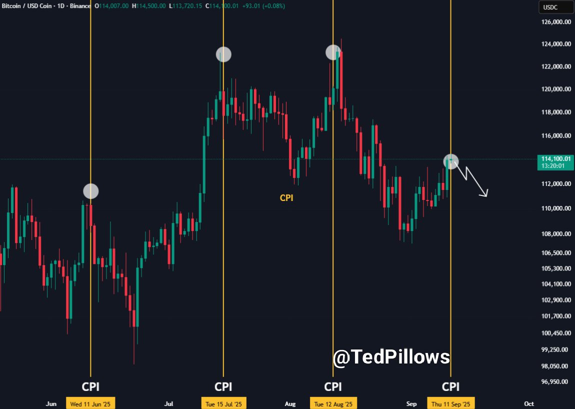 TedPillows's tweet image. $BTC current price action is exactly mimicking past CPI price action.

In the last 3 CPI data releases, Bitcoin rallied before CPI data and dumped right after the data release.

This time, BTC has rallied before today's CPI data release, which means a dump could happen.

What do…