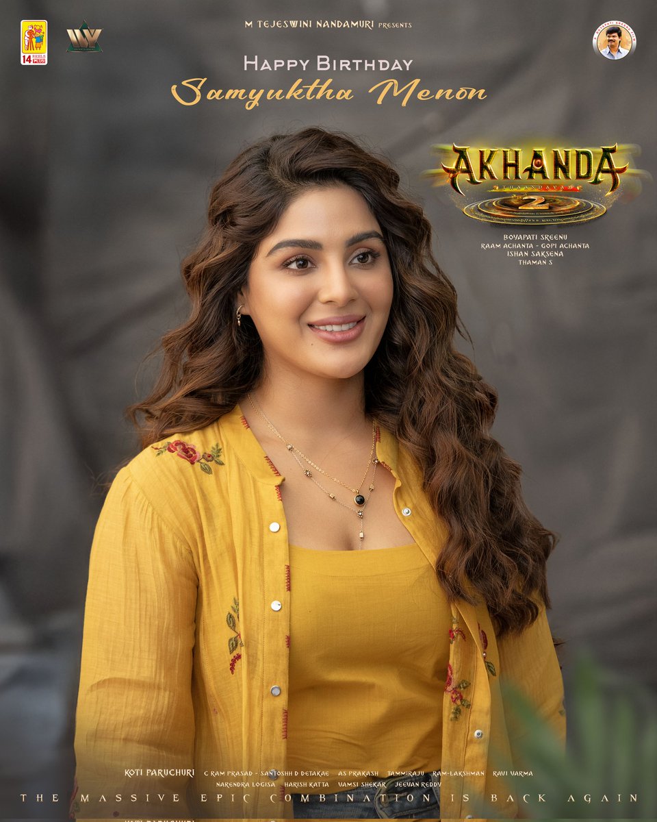 14ReelsPlus's tweet photo. Team #Akhanda2 wishes the eternal beauty and the brilliant performer @iamsamyuktha_ a very Happy Birthday ✨

#Akhanda2Thaandavam 
'GOD OF MASSES' #NandamuriBalakrishna #BoyapatiSreenu @AadhiOfficial @MusicThaman @14ReelsPlus @iamsamyuktha_ @RaamAchanta #GopiAchanta #MTejeswiniNandamuri @kotiparuchuri @ivyofficial2023