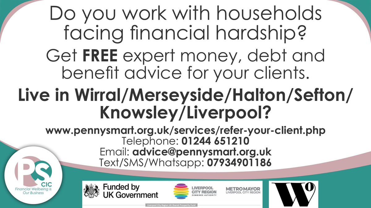 Do you work with households facing financial hardship?
Get Free expert money, debt &amp; benefit advice.
Live in the Wirral, Merseyside, Halton, Sefton, Knowsley or Liverpool area?
Email: advice@pennysmart.org.uk
Tel: 01244 651210
Text/Whatsapp: 07934901186
#moneyadvice #debtadvice