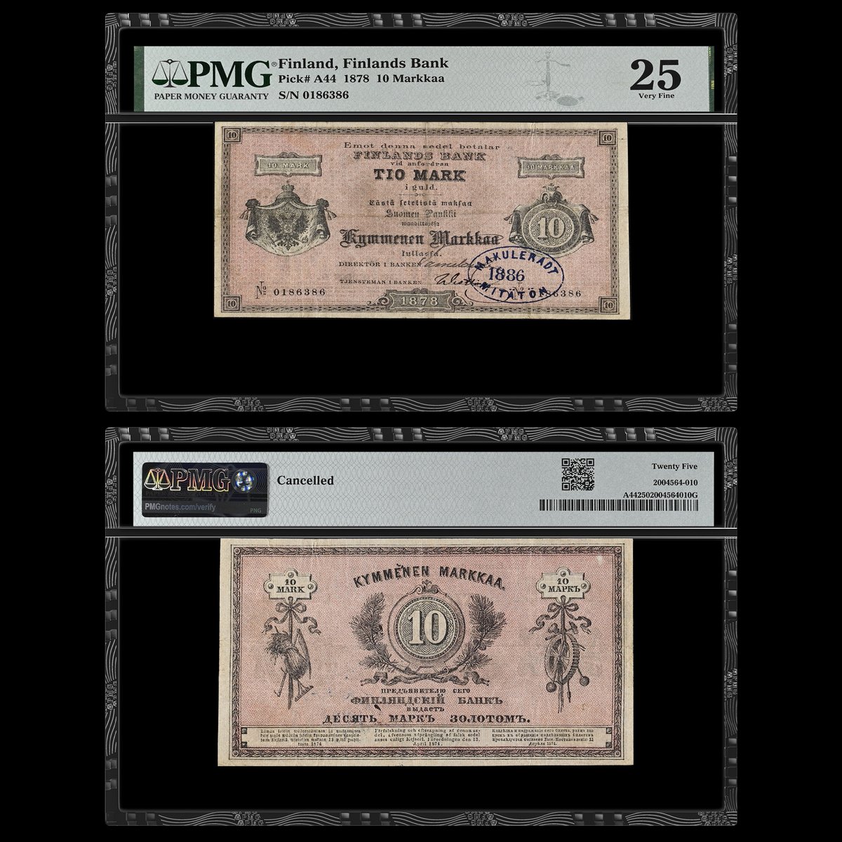 PMGnotes's tweet image. Note of the Day: Today’s #ThrowbackThursday note is this Finland 1878 10 Markkaa, the higher of the two graded in the PMG Population Report for this catalog number. This rare note will be offered by Heritage Auctions soon: tinyurl.com/3cydx9ve #rarenotes #finland #markkaa