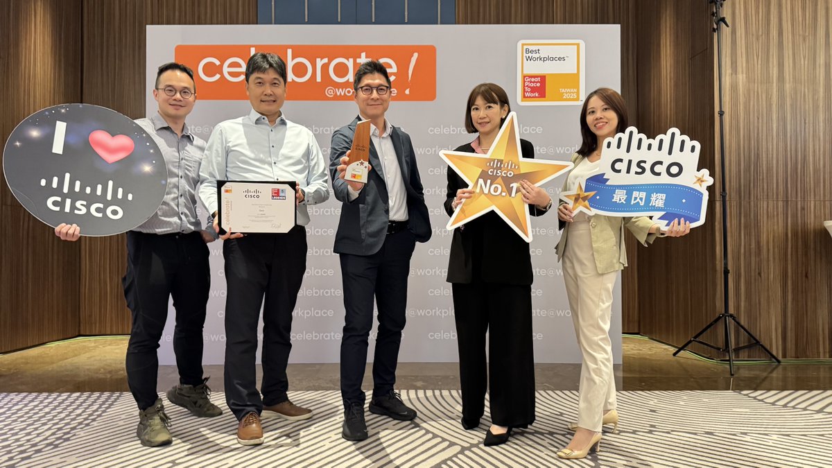 ciscoapac's tweet photo. Cisco has been named the #1 #BestWorkplace in Taiwan 2025 by Great Place to Work!🎉This year, we are also honored as a 5-Year Legend to mark our fifth consecutive win. Thank you to our incredible team for building a culture where everyone can thrive and make a difference! 👏 https://t.co/5xEFJeugtO