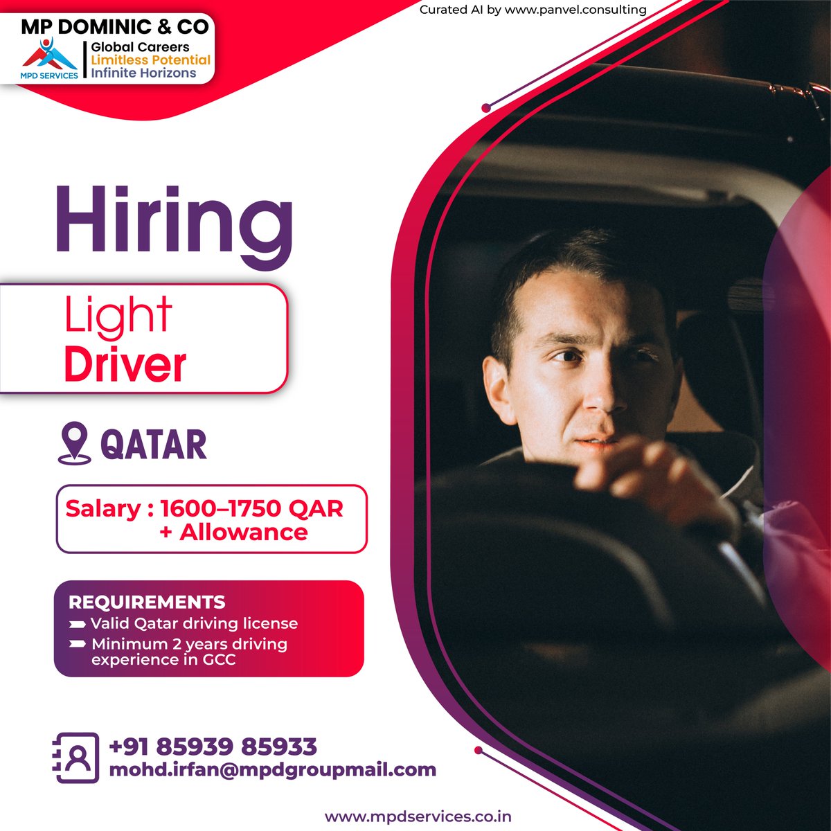 MPDSERVICES's tweet image. Hiring Light Drivers in Qatar!

Great opportunity for experienced Light Drivers with a valid Qatar license. Competitive salary with allowance – apply today!

    Visit now and apply mpdservices.co.in

 #DriverJobs #QatarJobs #LightDriver #OverseasOpportunities #GulfJobs