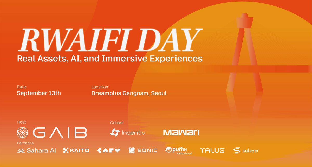 Mawari (@mawarixr) on Twitter photo Real Assets. AI. Immersive Experiences.
We’re co-hosting RWAiFi Day in Seoul next to <a href="/gaib_ai/">GAIB 🟠 | RWAiFi</a> and <a href="/Incentiv_net/">Incentiv</a>!
📅 Sept 13
📍 Dreamplus Gangnam 🇰🇷
Come say hi if you're in town: luma.com/RWAiFiDaySeoul… Real Assets. AI. Immersive Experiences.
We’re co-hosting RWAiFi Day in Seoul next to <a href="/gaib_ai/">GAIB 🟠 | RWAiFi</a> and <a href="/Incentiv_net/">Incentiv</a>!
📅 Sept 13
📍 Dreamplus Gangnam 🇰🇷
Come say hi if you're in town: luma.com/RWAiFiDaySeoul…