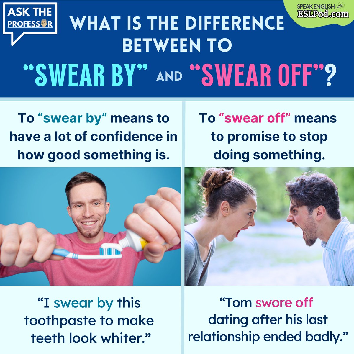 WHAT'S THE DIFFERENCE BETWEEN "TO SWEAR BY" AND "TO SWEAR OFF"?

Looking for a new way to improve your English? Try one of our Unlimited English lessons for FREE. Just go here:
tv.eslpod.com/p/free-english…

~Jeff

#askateacher #vocabulary #englishvocabulary #learnenglish