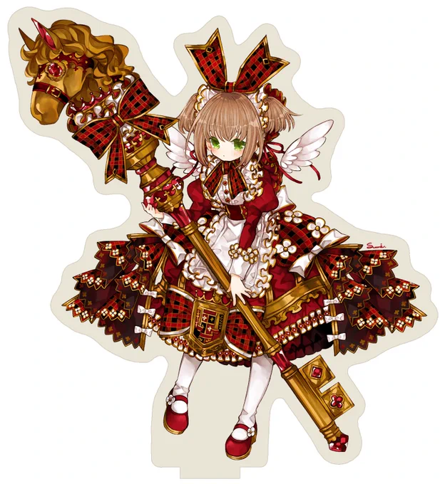 赤チェック天使ちゃんのアクリルスタンドのイメージはこんな感じ 淡いクリーム色のアクリル板に印刷します