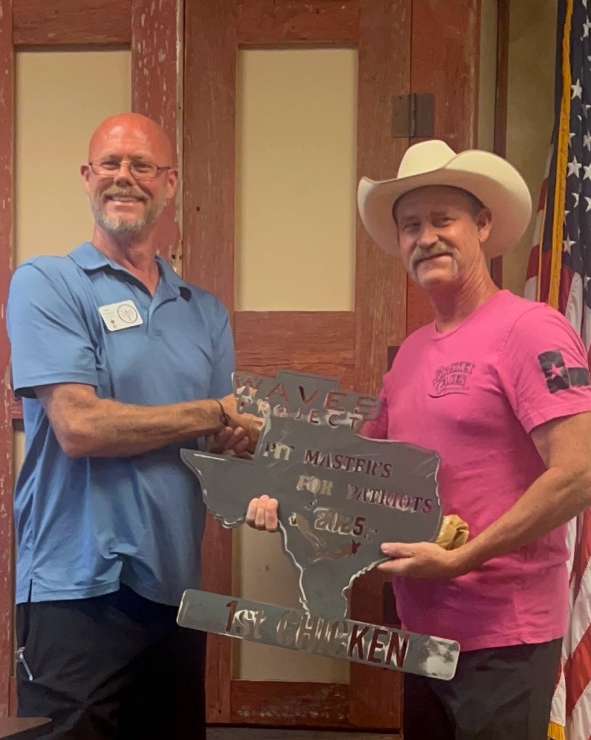 TheWAVESProject's tweet image. WAVES Project Houston Program Director, Jeff Pickard, Congratulates 1st Place Chicken, Bobby Riggs with team “Brisket Cases” at the 1st Annual, WAVES Project IBCA Pit Masters for Patriots BBQ 2025.