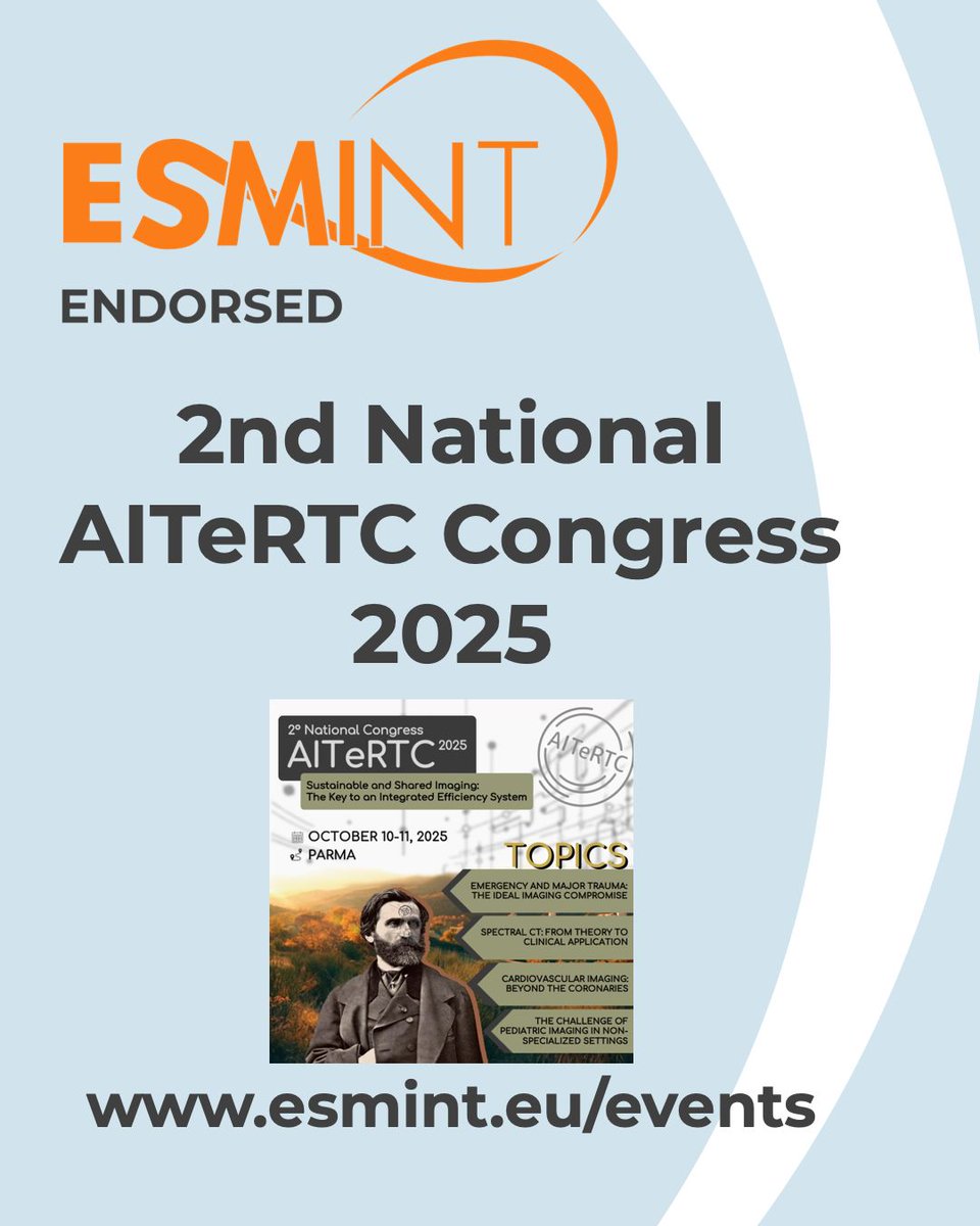 esmintsociety's tweet image. We’re proud to endorse the 2nd National AITeRTC Congress 2025 🇮🇹 (10–11 Oct, Parma) on sustainable &amp;amp; shared imaging 👉 Explore all upcoming ESMINT &amp;amp; Endorsed Events: esmint.eu/events #ESMINT #Neurointervention #MedicalImaging #AITeRTC