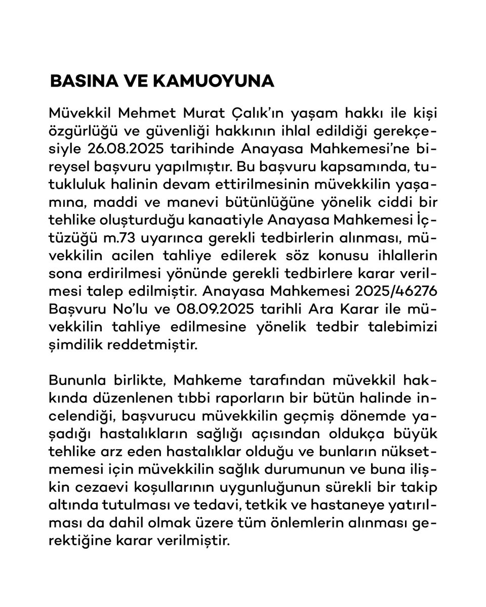 mmuratcalik's tweet photo. Vekil avukatlarımın, hakkımda verilen Anayasa Mahkemesi kararına ilişkin açıklamasıdır. https://t.co/CfdXErDsDm