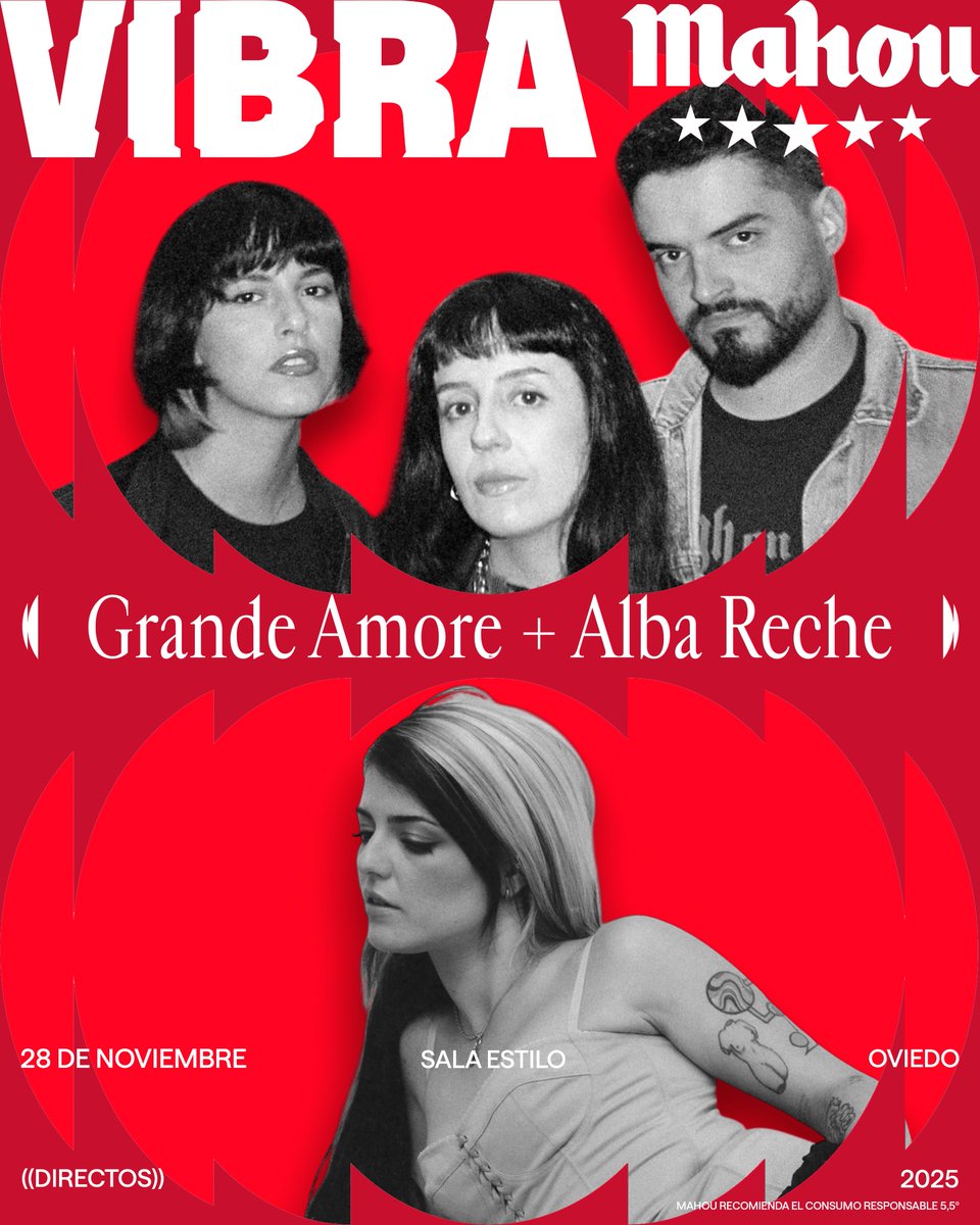 @ OVIEDO, prepárate 😍 que llegan Alba Reche y <a href="/Grande_Amore_OG/">Grande Amore</a> 😌

🗓️ 28 de noviembre
📍 Sala Estilo
⭐️ Directos <a href="/VibraMahou/">Vibra Mahou</a> 
🎟️ link.dice.fm/N394aa065b68