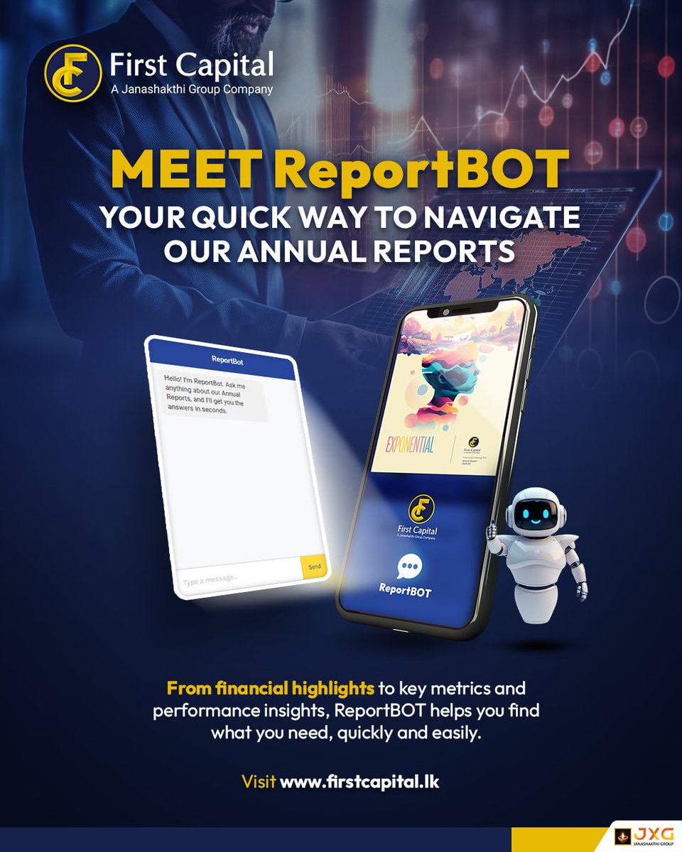 FirstCapitalLK's tweet image. Introducing ReportBOT – your guide to financial highlights, key performance metrics, strategic insights, and business outcomes.

Visit and chat with ReportBOT: firstcapital.lk

#FirstCapital #PerformanceFirst #ReportBOT #AnnualReport #InvestorInsight