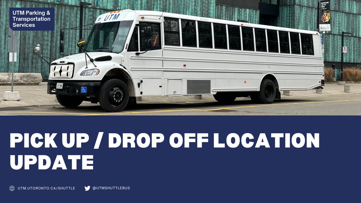 UTM's tweet image. Attention students/faculty/staff/librarians travelling on the @utmshuttlebus to and from @sheridancollege: The bus pick-up/drop-off on the Trafalgar Campus has been temporarily moved to the corner of Ceremonial and Trafalgar roads.  

More info: bit.ly/3TYWbhn