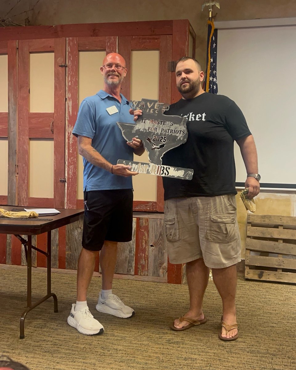TheWAVESProject's tweet image. WAVES Project Houston Program Director, Jeff Pickard, Congratulates 1st place Ribs winner, Caleb Warden with team “Kickin Kajun Smokehouse” at the WAVES Project 1st Annual IBCA Pit Masters for Patriots BBQ 2025 .