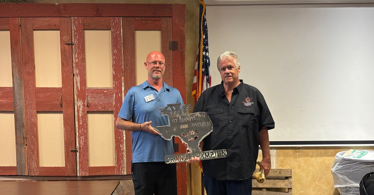 TheWAVESProject's tweet image. WAVES Project Houston Program Director, Jeff Pickard, Congratulates 1st Place Brisket winner Allen Prothro with team “Ice Cold Cookers” at the 1st Annual, WAVES Project  IBCA Pit Masters for Patriots BBQ 2025 .
