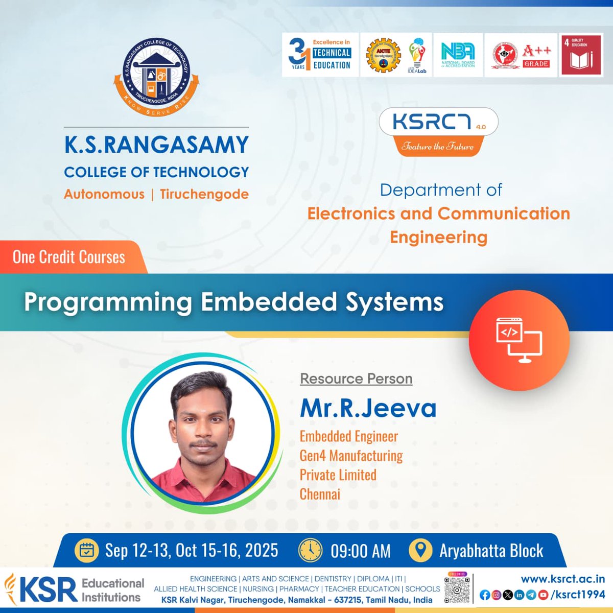 ksrct1994's tweet photo. The Dept. of ECE, K.S.Rangasamy College of Technology is hosting a One Credit Course Series to empower students with industry-ready skills &amp; practical knowledge. 📚
#KSRCT #ECE #SkillDevelopment #OneCreditCourse https://t.co/0kqP37ZHBn
