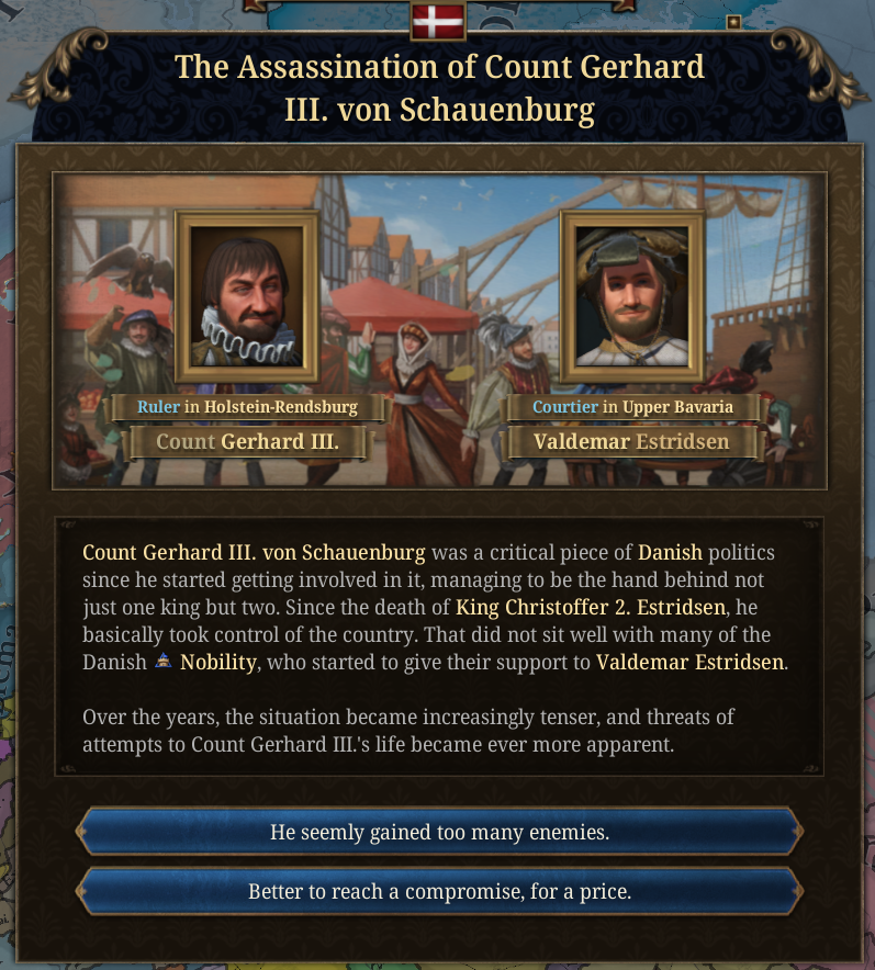 nekotei_m's tweet image. #EU5 #ProjectCaesar
Tinto Flavour#40はデンマーク固有コンテンツの紹介
forum.paradoxplaza.com/forum/develope…

■歴史的背景
‣11世紀のクヌート大王以後のデンマーク王位はたびたび起こる後継者争いにより、マグナート（大貴族）の影響が強くなっていた…