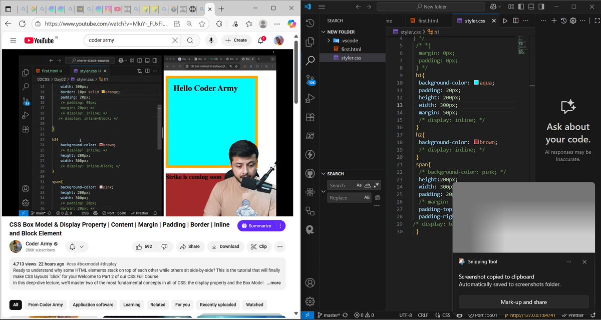 SandeepBis51412's tweet image. day 8: Defence course
css class 2
topics covered:
1: inline and block elements
2: CSS box models
3: conversion of inline to block and vice versa
#coderarmy #javascriptdom #mern #it