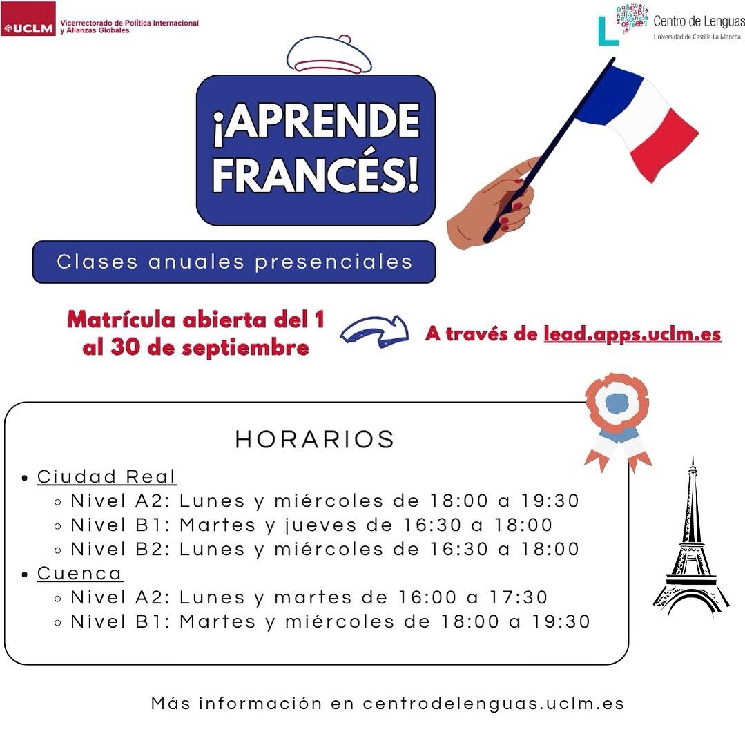 🇫🇷 Echa un vistazo a la oferta de cursos presenciales de francés en la Universidad de Castilla-La Mancha <a href="/uclm_es/">Universidad de Castilla-La Mancha</a> 

 🗓️ Inicio de las clases: 13 de octubre 

¡No pierdas esta maravillosa oportunidad! 💙
<a href="/uclm_inter/">UCLM_internacional</a>