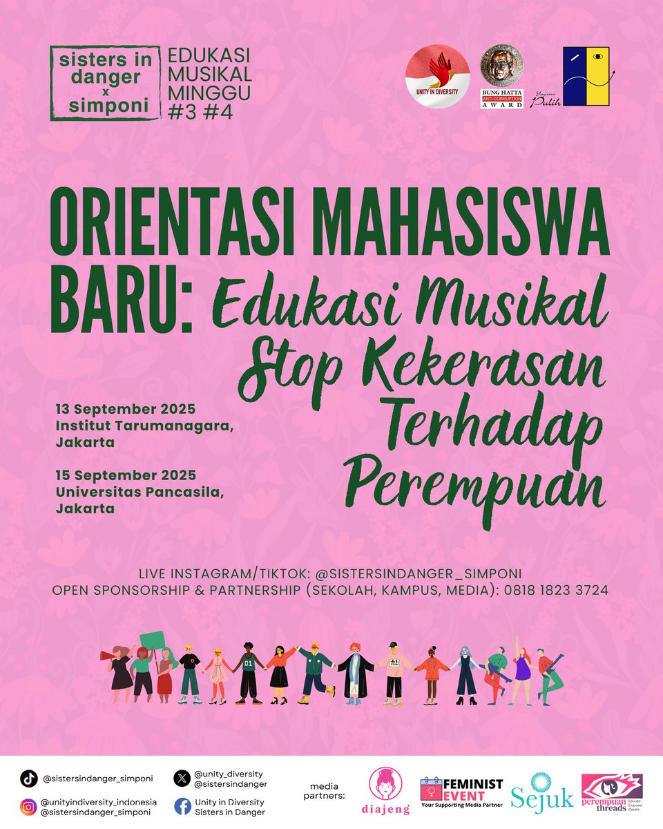 Minggu 3: Institut Tarumanagara

Sabtu ini, kami lanjut edukasi musikal stop kekerasan terhadap perempuan untuk orientasi mahasiswa baru. Masih OPEN SPONSORSHIP bagi teman2 lembaga/perusahaan yang tertarik mendukung kegiatan ini, silakan DM kami.

Mohon bantu RT ya, makasih 🙏🏽💜