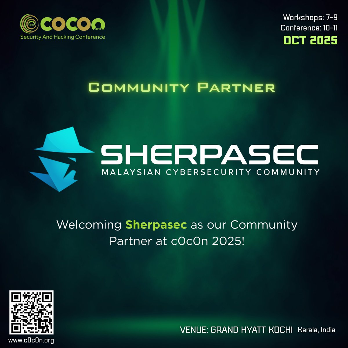 _c0c0n_'s tweet image. We are delighted to welcome Sherpasec – Malaysian Cybersecurity Community as our Community Partner to #c0c0n2025!

• Conference: October 10–11, 2025
• Venue: Grand Hyatt, Bolgatty, Kochi, Kerala
• c0c0n.org  

#CommunityPartner #Sherpasec #CyberSecurity #InfoSec