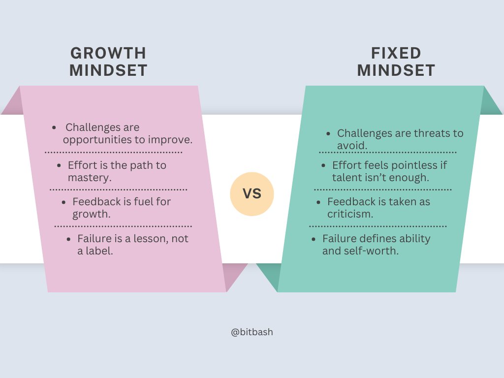 A growth mindset sees setbacks as data, feedback as fuel, and effort as progress.

A fixed mindset sees limits, fears failure, and avoids risk.

The difference isn’t talent—it’s how you face challenges.

Your skills and career aren’t set in stone—they grow with how you respond.