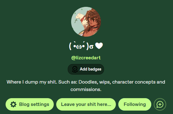 tumblr.com/lizcreedart?so…

 dump a bunch of shit in there