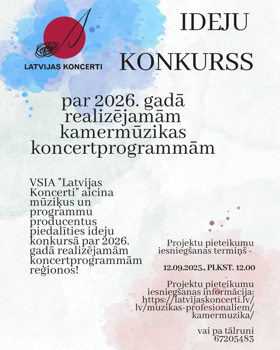 “Latvijas Koncerti” aicina mūziķus un programmu producentus piedalīties ideju konkursā par 2026. gadā realizējamām koncertprogrammām reģionos!
Projektu pieteikumu iesniegšanas termiņš – 2025. gada 12. septembra plkst. 12.00