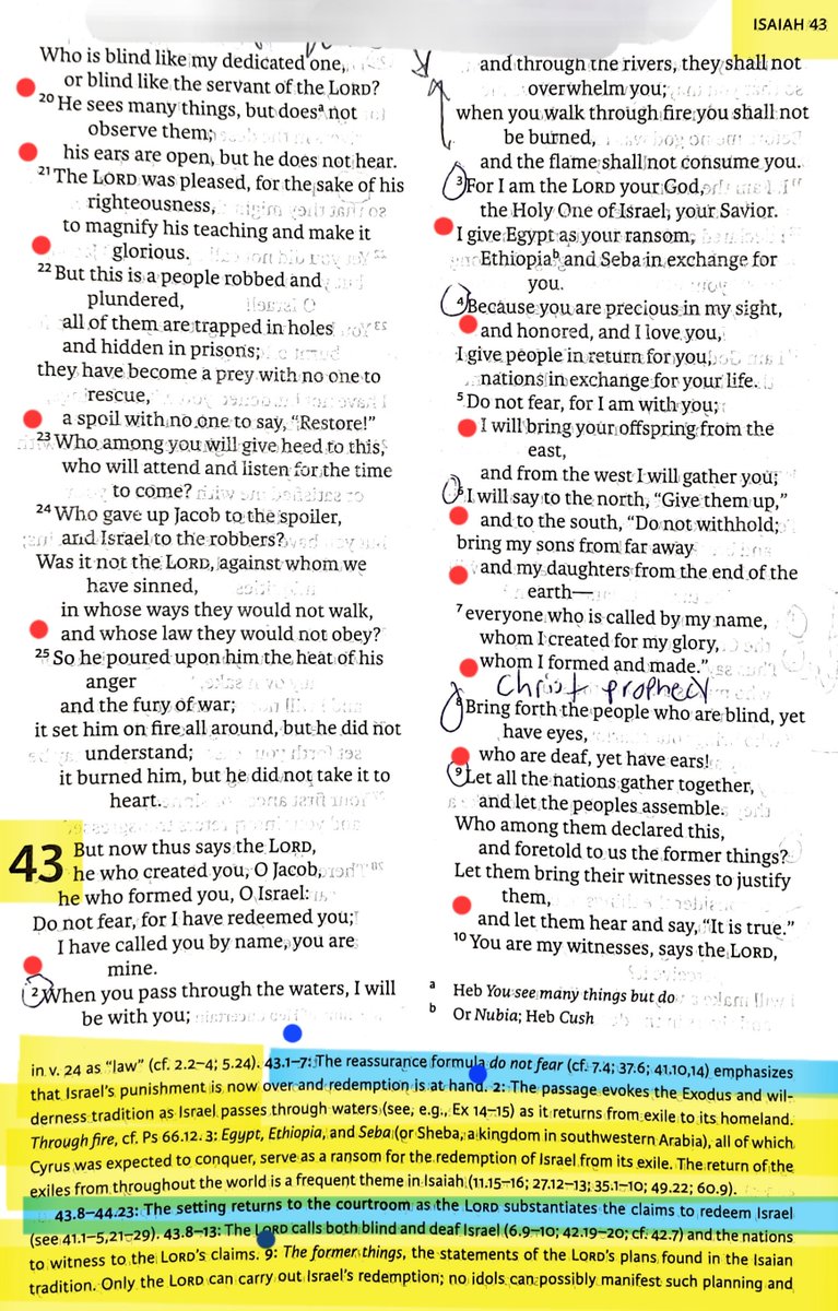 TeXasMadde's tweet photo. #OldTestamentStudy #21 
#BibleStudy #104 

⚠️ Specialist ANE Background  Study in Core Notes ⚠️

📜 Isaiah 42:1-25 - 43:1-28 - 44:1-28

🔑 Key - Translations with FULL passages IN this POST below of - AMP , KJV 

& a Seperate 

🔑 Key Translation of the NRSV version in the Bottom Pics with in mind the MT & LXX / Dead Sea Scrolls , Apostolic Fathers , 2nd temple literature with eschatology & Apocalyptics in close comparative view used throughout the ANE background scholary 
NOTES in Pics BELOW  -

Finally...... we have ....

📜Isaiah 42:1-25 

1
Behold, My ]Servant, whom I uphold; My Chosen One in whom My soul delights. I have put My Spirit upon Him; He will bring forth justice to the nations.

2 
“He will not call out or shout aloud, Nor make His voice heard in the street.

3 
“A broken reed He will not break [off] And a dimly burning wick He will not  extinguish [He will not harm those who  are weak and suffering]; He will faithfully bring forth justice.

4 
“He will not be disheartened
 or crushed [in spirit];
[He will persevere] until He has 
established justice on the earth; And the coastlands will wait expectantly  for His law.”

5 
This is what God the Lord says,
He who created the heavens and stretched them out, 
Who spread out the earth and its produce, Who gives breath 
to the people on it And spirit to those who walk in it !

6 
“I am the Lord, I have 
called You (the Messiah) 
in righteousness 
[for a righteous purpose], 
I will also take You by  the hand  and keep watch over You,
And I will appoint You as a covenant to the people [Israel],
As a light to the nations (Gentiles),

7 
To open the eyes of the blind,
To bring out prisoners from the 
dungeon And those who sit in darkness from the prison.

8 
“I am the Lord, that is My Name; My glory I will not give to another, Nor My praise to carved idols.

9 
“Indeed, the former things 
have come to pass, Now I declare new things;
Before they spring forth I proclaim  them to you.”

10 
Sing to the Lord a new song,
Sing His praise from the end 
of the earth! You who go down to the sea, and all that is in it,
You islands and coastlands, and  those who inhabit 
them [sing His praise]!

11 
Let the wilderness and its cities lift up their voices,
The villages where Kedar lives.
Let the inhabitants of [c]Sela shout for joy,Let them shout joyfully from the tops of the mountains.

12 
Let them give glory to the Lord
And declare His praise in the
 islands and coastlands.

13 
The Lord will go forth like a warrior, He will stir up His zeal like a man of war; He will shout out, yes, He will raise a war cry. He will prevail [mightily] against His enemies.

The Blindness of the People

14 
“I [the Lord] have been silent for a long time, I have been still and restrained Myself. Now I will moan like a woman in labor, I will both gasp and pant.

15 
“I will lay waste the mountains and hills And wither all their vegetation; I will turn the rivers into coastlands And dry up the ponds.

16 
“I will lead the blind by a
 way they do not know;
I will guide them in paths 
that they do not know.
I will make darkness
into light before them
And rugged places into 
plains. These things I will do [for them], And I will not leave them abandoned or undone.”

17 
Those who trust in carved
 idols will be turned back,
And utterly put to shame,
Who say to cast images,
“You are our gods.”

18 
Hear, you deaf! And look, you blind, that you may see.

19 
Who is blind but 
My servant [Israel],
Or deaf like My 
messenger whom 
I send? Who is blind
 like the one who is at peace with Me
[in a covenant 
relationship], Or so
 blind as the 
servant of the Lord?

20 
You have seen many things, but you do not observe them;
Your ears are open, but no one hears.

21 
The Lord was pleased 
for His righteousness’ 
sake To make the law 
great and prove to 
be glorious.

22 
But this is a people 
despoiled  and plundered; 
All of them are trapped
 in holes, Or are 
hidden away in prisons.
They have become a
 prey with no 
one to rescue 
them, And a spoil, 
with no one to say, 
“Give them back!”

23 
Who among you will listen to this? Who will listen and pay attention  in the time to come?

24 
Who gave up Jacob
[the kingdom of 
Judah] for spoil, 
and [the kingdom of]
 Israel to the plunderers ?
Was it not the Lord, 
He against whom we
 [of Judah] have sinned,
And in whose ways
 they [of Israel]
were unwilling to
walk, And whose 
law and teaching 
they did not obey?

25 
Therefore He poured 
out on Israel the 
heat of His anger
And the fierceness of battle;
And engulfed him in fire,
Yet he did not recognize 
[the lesson of 
repentance which
 the Assyrian conquest 
was intended to teach];It burned him, but 
he did not take it to heart.

📍⚠️📍NEXT
 Key 🔑 Chapter

📜 Isaiah 43:1-28

Israel Redeemed

43:1-28  But now, this is what the Lord,
 your Creator says, O Jacob,
And He who formed you, O Israel,
“Do not fear, for I have redeemed you 
[from captivity]; I have called you by name;
 you are Mine!

2 
“When you pass through the waters,
I will be with you;And through the rivers,
 they will not overwhelm you.
When you walk through fire,
you will not be scorched,
Nor will the flame burn you.

3 
“For I am the Lord your God,
The Holy One of Israel, your Savior;
I have given Egypt [to the Babylonians]
as your ransom,
Cush (ancient Ethiopia) and 
Seba [its province] in exchange for you.

4 
“Because you are precious in My sight,
You are honored and I love you,
I will give other men in return for you and 
other peoples in exchange for your life.

5 
“Do not fear, for I am with you;
I will bring your offspring from the east
 [where they are scattered],
And gather you from the west.

6 
“I will say to the north, ‘Give them up!’
And to the south, ‘Do not hold them back.’
Bring My sons from far way
And My daughters from the ends of the earth,

7 
Everyone who is called by My Name,
Whom I have created for My glory,
Whom I have formed, even whom I have made.”

Israel Is God’s Witness

8 
Bring out the people who are blind,
even  though they have eyes,
And the deaf, even though 
they have ears.

9 
All the nations have
 gathered together
So that the peoples
 may be assembled.
Who among them 
(the idolaters)
can predict this
 [that Judah would return
 from captivity]
And proclaim to us the
 former events?
Let them provide their
 witnesses so that they 
may be justified,
Or let them hear 
and say  [in acknowledgement],
 “It is the truth.”

10 
“You are My witnesses,” declares the Lord,
“And My servant whom I have chosen,
That you may know and believe Me
And understand that I am He.
Before Me there was no God formed,
And there will be none after Me.

11 
“I, [only] I, am the Lord,
And there is no Savior besides Me.

12 
“I have declared [the future]
and save  [the nation]
 and proclaimed [that I am God],
And there was no strange (alien) 
god among you;
Therefore you are My witnesses
 [among the pagans],”
 declares the Lord,
“That I am God.

13 
“Even from eternity I am He,
And there is no one who can rescue from My hand;
I act, and who can revoke or reverse it?”

Babylon to Be Destroyed

14 This is what the Lord your Redeemer, 
the Holy One of Israel says,
“For your sake I have sent [one]
 to Babylon, And I will bring down all of them
 as fugitives, Even the Chaldeans [who reign in 
Babylon], into the ships [b]over which they rejoiced.

15 
“I am the Lord, your Holy One,
The Creator of Israel, your King.”
16 This is what the Lord says,
He who makes a way through the sea
And a path through the mighty waters,

17 
He who brings out the chariot and the horse,
The army and the mighty warrior,
(They will lie down together, they will
 not rise again; They have been extinguished, 
they have been put out like a lamp’s wick):

18 
“Do not remember the former things,
Or ponder the things of the past.

19 
“Listen carefully, I am about to do a new thing,
Now it will spring forth;
Will you not be aware of it?
I will even put a road in the wilderness,
Rivers in the desert.

20 
“The beasts of the field will honor Me,
Jackals and ostriches,
Because I have given waters in the wilderness
And rivers in the desert,
To give drink to My people, My chosen

21 
“The people whom I formed for Myself
Will make known My praise.

The Shortcomings of Israel

22 
“Yet you have not called on Me [in prayer and worship], O Jacob;
But you have grown weary of Me, O Israel.

23 
“You have not brought Me your sheep or 
goats for your burnt offerings,
Nor honored Me with your sacrifices.
I have not burdened you with offerings,
Nor wearied you with [demands for offerings of]
 incense.

24 
“You have not bought Me sweet cane with money,
Nor have you filled Me with the fat of your sacrifices;
But you have burdened Me with your sins,
You have wearied Me with your wickedness.

25 
“I, only I, am He who wipes out your
 transgressions for My own sake,
And I will not remember your sins.

26 
“[Remind Me [of your merits
 with a thorough report],
 let us plead and argue our
 case together; State your position, 
that you may be proved right.
27 
“Your first father [Jacob] sinned,
And your spokesmen 
[the priests and the prophets -
your mediators] 
have transgressed against Me.
28 
“So I will profane the officials of the sanctuary,
And I will consign Jacob to destruction and
 [I will subject] Israel to defamation and abuse.

📍⚠️📍NEXT
 Key 🔑 Chapter

📜 Isaiah 44:1-28

The Blessings of Israel

44:1 “But now listen, O Jacob, My servant,
And Israel, whom I have chosen:

2 
This is what the Lord who made you
And formed you from the womb, who
 will help you says,
‘Fear not, O Jacob My servant;
And Jeshurun (Israel, the upright one)
whom I have chosen.

3 
‘For I will pour out water on him who is thirsty,
And streams on the dry ground;
I will pour out My Spirit on your offspring
And My blessing on your descendants;

4 
And they will spring up among the grass
Like willows by the streams of water.’

5 
“One will say, ‘I am the Lord’s’;
And another will name himself after
 Jacob; And another will write on his hand,
 ‘I am the Lord’s,’ And be called by the
 [honorable] name of Israel.

6 
“For the Lord, the King of Israel and his Redeemer, 
the Lord of hosts says this,
‘I am the First and I am the Last;
And there is no God besides Me.

7 
‘Who is like Me? Let him proclaim it and declare it;
Yes, let him confront Me,
Since I established the people of antiquity.
And let them [those supposed gods] tell those
 people [who foolishly follow them] the things to come
And the events that are going to take place.

8 
‘Do not tremble nor be afraid [of the violent 
upheavals to come];
Have I not long ago proclaimed it 
to you and declared it?
And you are My witnesses.
Is there a God besides Me?
There is no other Rock;
I know of none.’”

The Folly of Idolatry 

9 All who make carved idols are nothing. Their precious objects are worthless [to them], and their own witnesses (worshipers) fail to see or know, so that they will be put to shame. 10 Who has made a god or cast an idol which is profitable for nothing? 11 In fact, all his companions will be put to shame, for the craftsmen themselves are mere men. Let them all assemble, let them stand up, let them be terrified, let them together be put to shame.
12 The ironsmith shapes iron and uses a chisel and works it over the coals. He forms the [idol’s] core with hammers and works it with his strong arm. He also becomes hungry and his strength fails; he drinks no water and grows tired. 13 The carpenter stretches out a measuring line, he marks out the shape [of the idol] with red chalk; he works it with planes and outlines it with the compass; and he makes it like the form of a man, like the beauty of man, that it may sit in a house. 14 He cuts cedars for himself, and takes a cypress or an oak and lets it grow strong for himself among the trees of the forest. He plants a fir, and the rain nourishes it. 15 Then it becomes fuel for a man to burn, so he takes one of them and warms himself; he also kindles a fire to bake bread. He also makes a god [from the same wood] and worships it. He makes it into a carved idol [with his own hands] and falls down and worships it! 16 He burns half of the wood in the fire; over this half he [cooks and] eats meat, he roasts meat and is satisfied. Also he warms himself and says, “Aha! I am warm, I have seen the fire.” 17 But from what is left of the wood he makes a god, his carved idol. He falls down before it, he worships it and prays to it and says, “Save me, for you are my god.” 18 They do not know, nor do they understand, for God has muddied their eyes so that they cannot see, and their hearts (minds) as well so that they cannot understand. 19 No one remembers, nor has knowledge and understanding [enough] to say [to himself], “I have burned half of this log in the fire, and also baked bread on its coals and have roasted meat and eaten it. Then I make the rest of it into an repulsive thing [to God]; I bow down [to worship] before a block of wood!” 20 That kind of man (the idolater) feeds on ashes [and is satisfied with ashes]! A deceived mind has led him astray, so that he cannot save himself, or ask, “Is this thing [that I am holding] in my right hand not a lie?”

God Forgives and Redeems

“Remember [the foolishness of] these things, O Jacob
And Israel, for you are My servant!
I formed you, you are My servant;
O Israel, you will not be forgotten by Me.

22 
“I have wiped out your transgressions like a thick cloud
And your sins like a heavy mist.
Return to Me, for I have redeemed you.”

23 
Shout for joy, O heavens, for the Lord has done it!
Shout in triumph, you depths of the earth;
Break forth into jubilant rejoicing, you mountains,
O forest, and every tree in it!
For the Lord has redeemed Jacob,
And He shows His glory in Israel.

24 For the Lord, your Redeemer, and He who 
formed you from the womb says this,
“I am the Lord, Maker of all things,
Who alone stretches out the heavens,
Who spreads out the earth by Myself,

25 
Frustrating the signs and confounding the omens of boasters (false prophets),
Making fools out of [b]fortune-tellers,
Counteracting the wise
And making their knowledge ridiculous,

26 
Confirming the word of His servant
And carrying out the plan of His messengers.
It is I who says of Jerusalem, ‘She shall [again] be inhabited!’
And of the cities of Judah, ‘They shall [again] be built.’
And I will raise up and restore her ruins.

27 
“It is I who says to the deep, ‘Be dried up!’
And I will make your rivers dry.

28 
“It is I who says of Cyrus, ‘He is My shepherd (ruler),
And he will carry out all that I desire—’
Saying of Jerusalem, ‘She shall [again] be built,’
And of the temple, ‘Your foundation shall [again] be laid.’”

(PLEASE SEE REPLIES BELOW MINUTES AFTER I POST THIS FOR FULL SPECIALIST COMMENTARY! THANK YOU -
 The CHANNEL - God Bless in Christ's mysterious true Light made manifest in his word bc the word was him in essence & the direct reflection of the holy spirit working through God the Father!