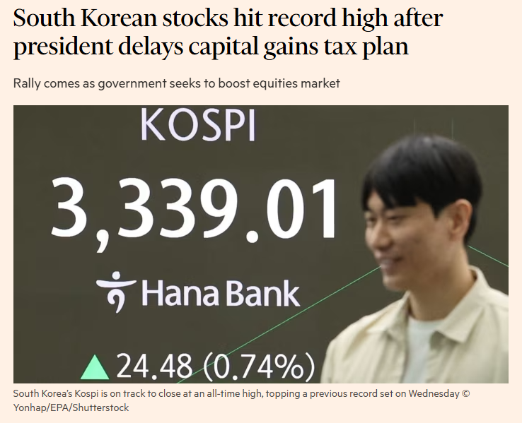 Indeks KOSPI 🇰🇷 najwyżej w historii po rezygnacji ze zmian w podatku giełdowym.

"If it causes damage to the stock market, I don't think it is necessary to lower the threshold to 1 billion (won) from 5 billion,"

Więcej o zmianach podatkowych: reuters.com/sustainability…