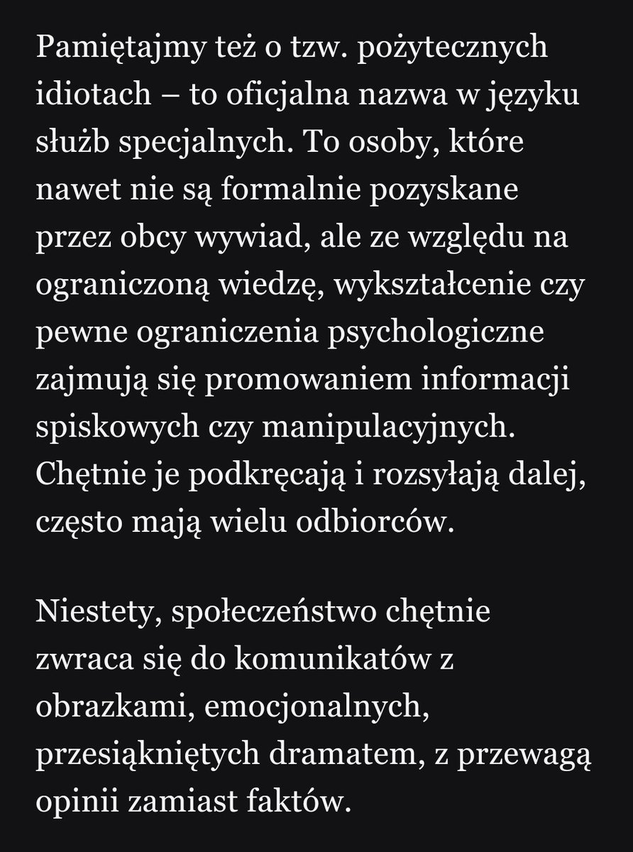 I pamiętaj, dzisiaj zdrajcą i konfidentem nie jest ten kto zgłasza polskiej policji czyjeś nieprawidłowe parkowanie. 

Tylko ten, kto wzmacnia narrację wrogiego państwa.