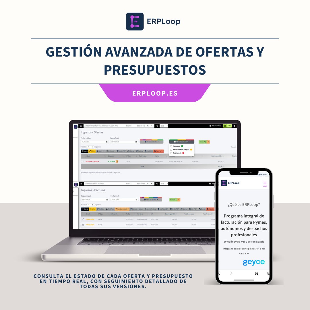 ADISSInforma's tweet image. 📊 ¿Sabías que muchos despachos aún gestionan ofertas y presupuestos de forma lenta y poco organizada?
Con #ERPLOOP podrás:
✔️ Consultar estados en tiempo real
✔️ Seguir todas las versiones
✔️ Ahorrar tiempo y ganar eficiencia
#DespachosProfesionales #GestiónEmpresarial