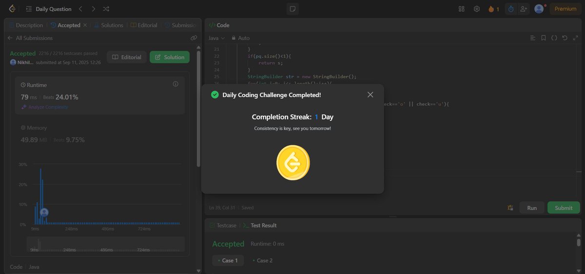 nikhilshaw575's tweet photo. From #extract → #sort → #replace: pull #vowels, #sort by #ASCII, and drop them back while #consonants stay put — neat and stable 🧩
#Try it on “lEetcOde” → #gets “lEOtcede” ✅
@LeetCode #LeetCode https://t.co/kuIYFcTZhE