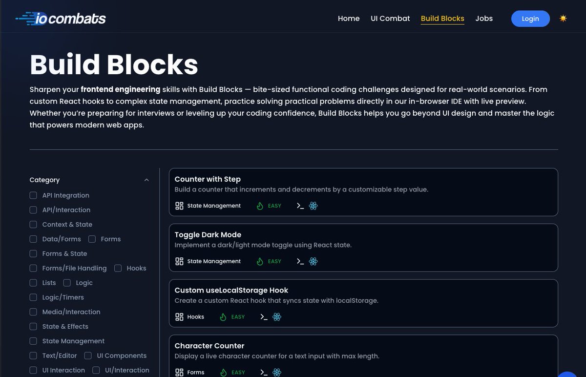 ghazikhan205's tweet image. Just completed the list of Functional Challenges. started working on details page and then will move to taking test page. 

If you have not checked the product you can check it here: iocombats.com

#frontendchallenge #uidev #frontenddev
