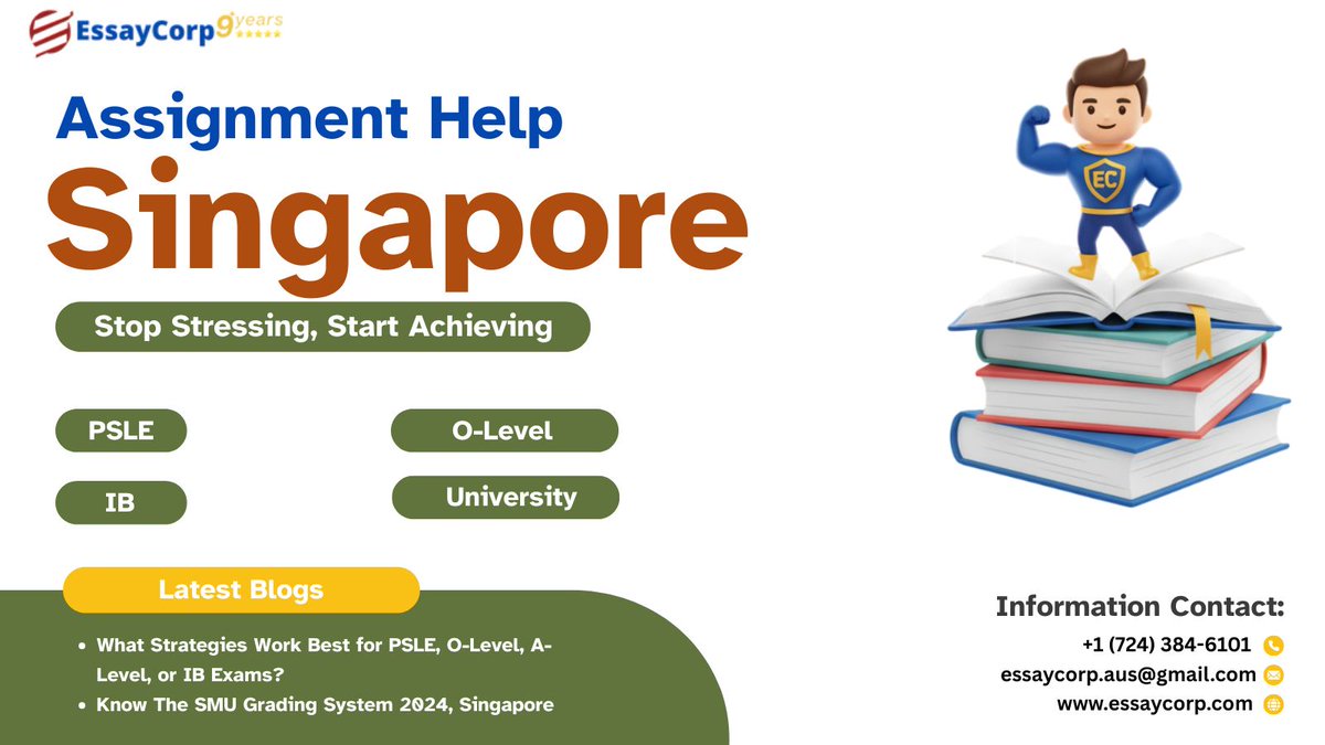 Maria123Jones's tweet image. Get expert assistance with PSLE, O-Level, A-Level, IB, and university assignments. EssayCorp helps Singapore students achieve their academic goals. 
#AssignmentHelpSingapore #EssayCorp #StudentSuccess #PSLE #OLEVEL #IB #university 
Visit our website now to get expert help!
