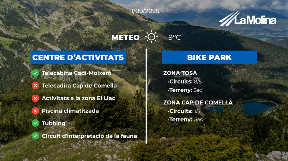 #INFOESTIUPrevisió d'obertura #LaMolina:
🚴‍♀️30 km
🚴‍♂️9 pistes
🚡 2 remuntadors
☀️9Cº a 5Cº
⛰️Terreny sec
Descarrega la teva fulla de responsabilitat lamolina.cat/content/pdf/re…