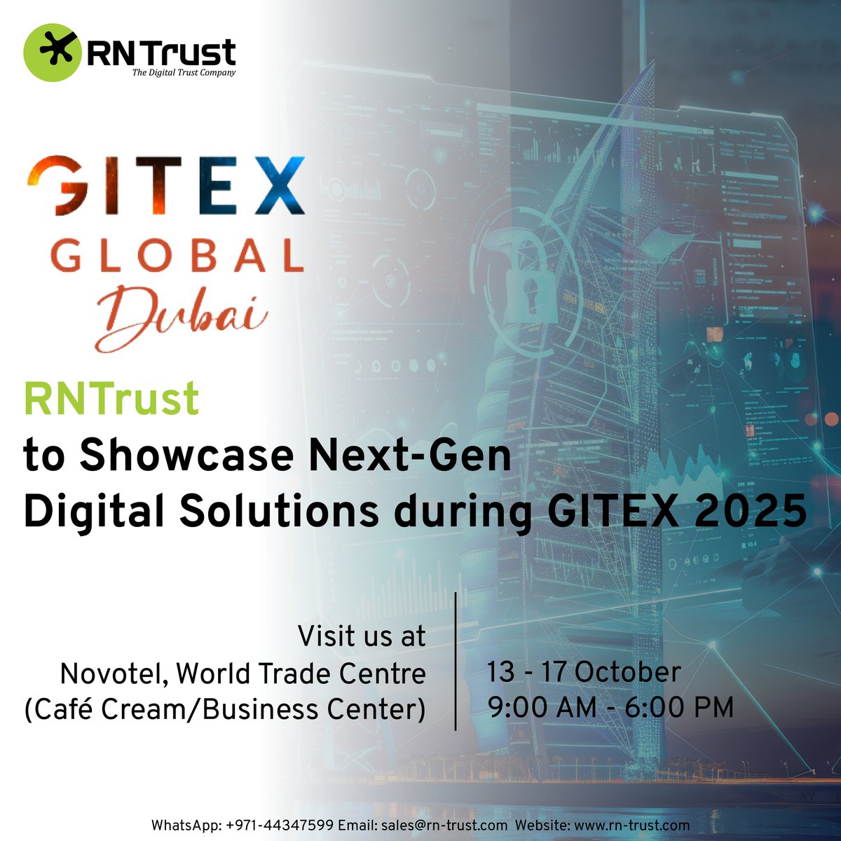 rntrustme's tweet image. We are thrilled to announce that RNTrust will be showcasing our next-gen Digital Trust &amp;amp; Cybersecurity solutions during GITEX Global 2025, happening from October 13 – 17, 2025 at the Dubai World Trade Centre.
📩 Book a meeting with our team in advance at: rntrustdigital.com