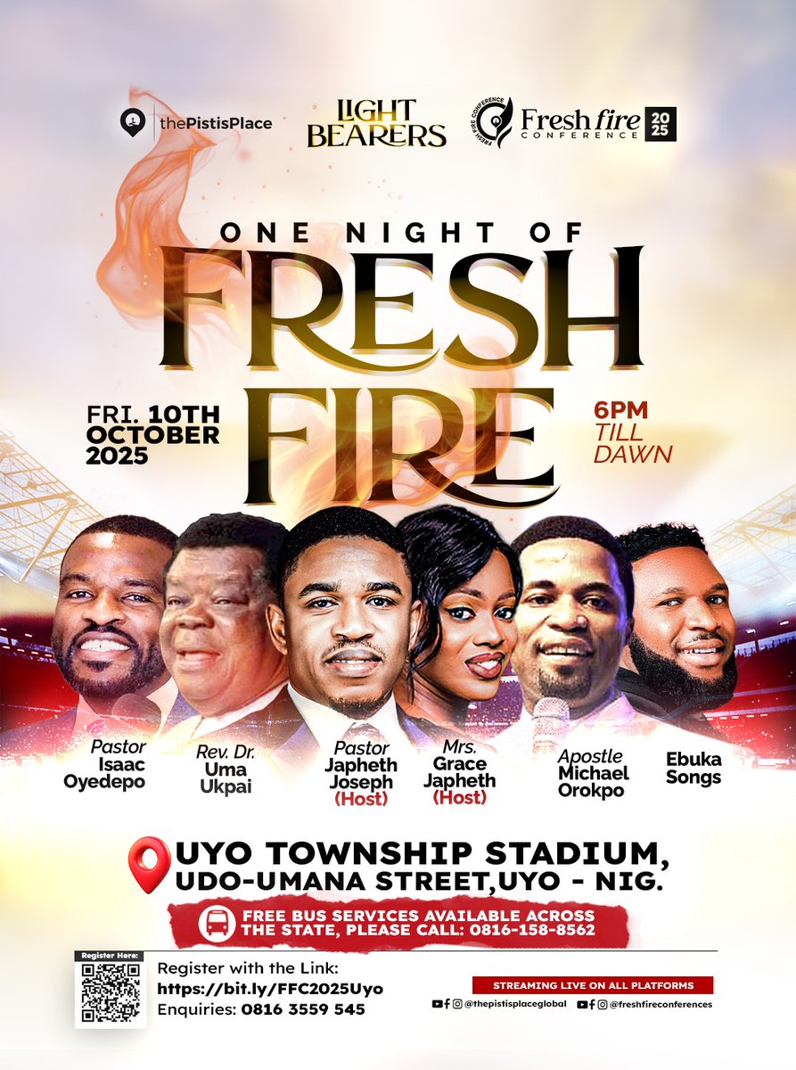 mkpoutoabasii's tweet image. Get ready for an all-night blaze of glory! #FreshFireConference is coming to Uyo with an incredible line-up of ministers. Are you ready? 

Register here: bit.ly/FFC2025Uyo
Volunteer here: bit.ly/FFC2025Volunte…