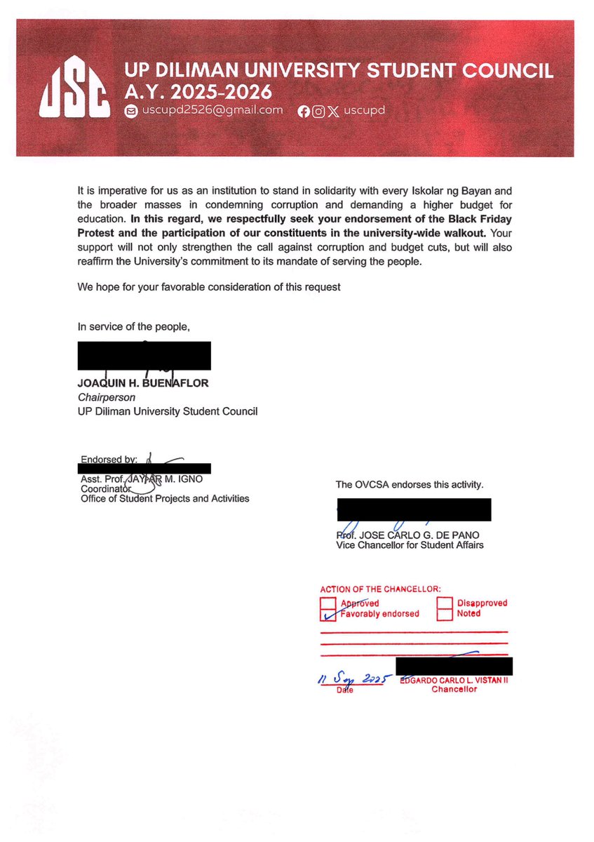 BREAKING | Inenendorso ni UP Diliman Chancellor Edgardo Vistan ang Black Friday Protest at Walk-out ng komunidad ng UP para sa kampanya laban sa korapsyon ng estado, at para sa mataas at sapat na pondo sa edukasyon!
