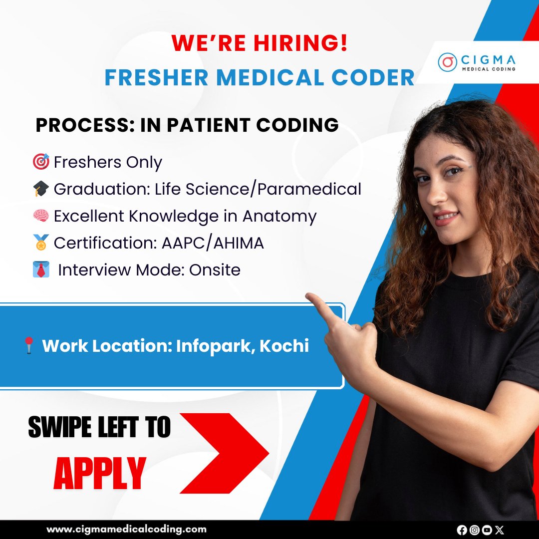 cigmahealthcare's tweet image. Vacancy for Medical Coding Fresher
Kickstart your career in Medical Coding with one of the best opportunities in the industry.
Apply now: cigmamedicalcoding.com/job-vacancies/…
#MedicalCodingJobs #MedicalCodingFresher #CPC #CCA #InpatientCoding #LifeScienceGraduates #MedicalCodingCareer