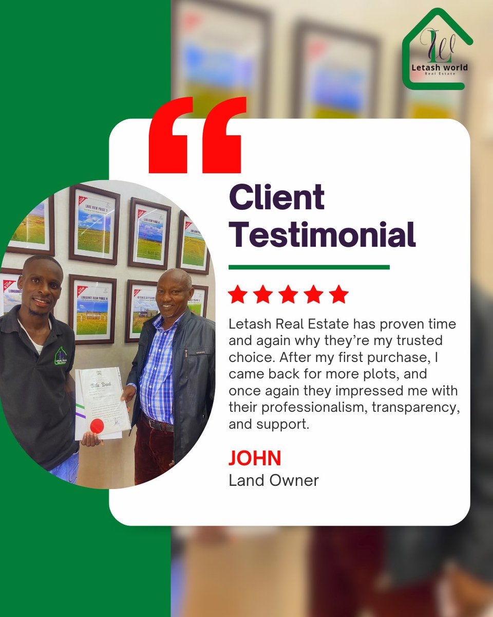 LetashReal's tweet photo. When clients keep coming back, that’s the real testimony. John trusted Letash once, and now he owns even more plots with us. Professional. Transparent. Reliable.  #LetashWorld #TrustedByClients #RealEstateKenya #LandInvestment #TrustedPartner
#CharlieKirk   #Nepal https://t.co/qZ2VpZcvHj