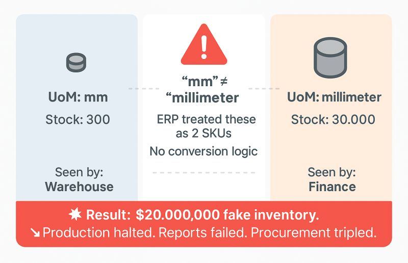 Triad_Software's tweet image. A $20M+ ERP collapsed at a UAE plastics plant because “mm” ≠ “millimeter.”

☠️ $20M inventory vanished
☠️ Negative WIP stock
☠️ 3 days of halted production
Root cause? Unit-of-Measure chaos.
How many “KG” formats exist in your ERP? 
(Hint: never one.)