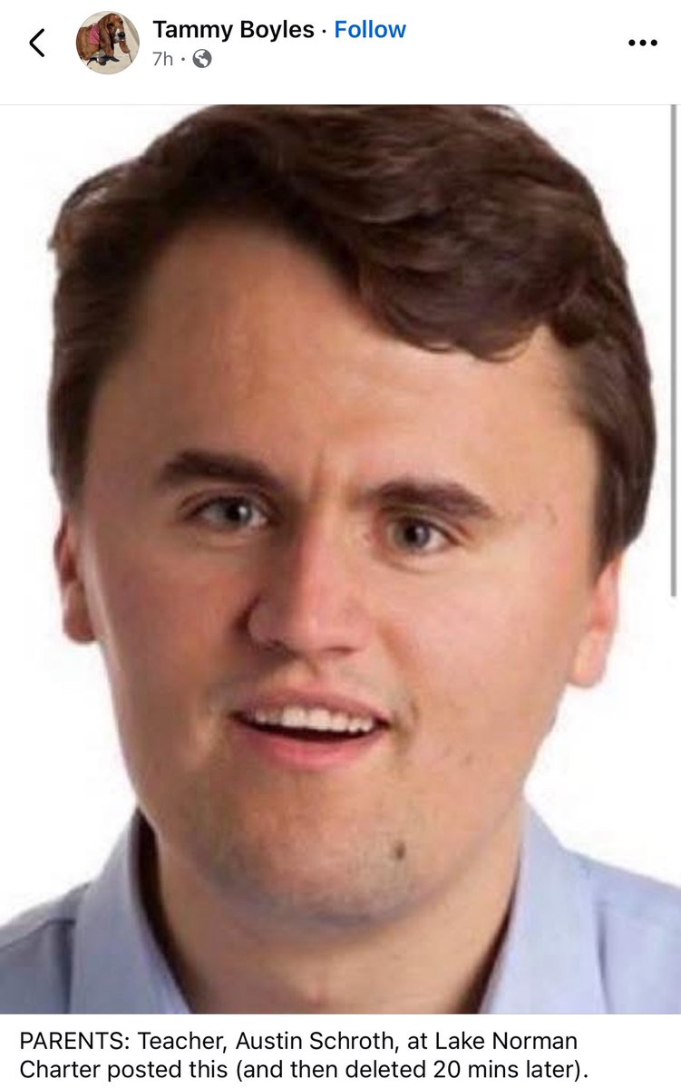 camhigby's tweet image. Austin Schroth, a teacher at Lake Norman charter school in Huntersville, NC, reportedly shared photos on Facebook mocking Charlie Kirk according to a tipster. 

“Go straight to hell asshole” 

He apparently deleted the post and his Facebook.