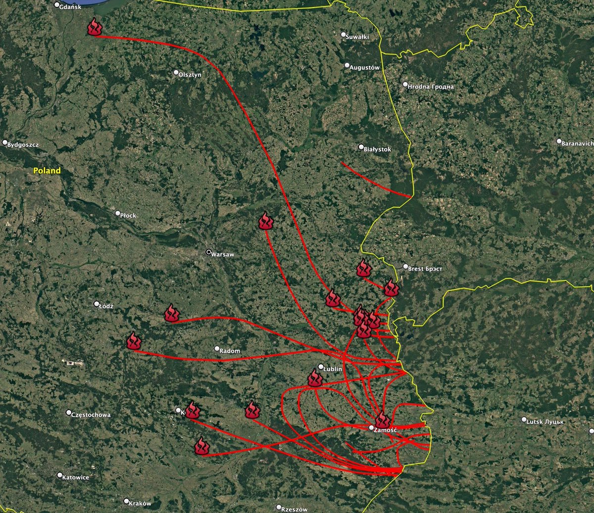 FT: "Polish officials suspect that a subsequent wave of armed Shaheds was headed to Ukraine’s western city of Lviv, and that the Gerbera decoys were deliberately flown into Poland to skirt Ukrainian air defences around Lviv" 

A map of drone crashes/routes strongly contradicts it