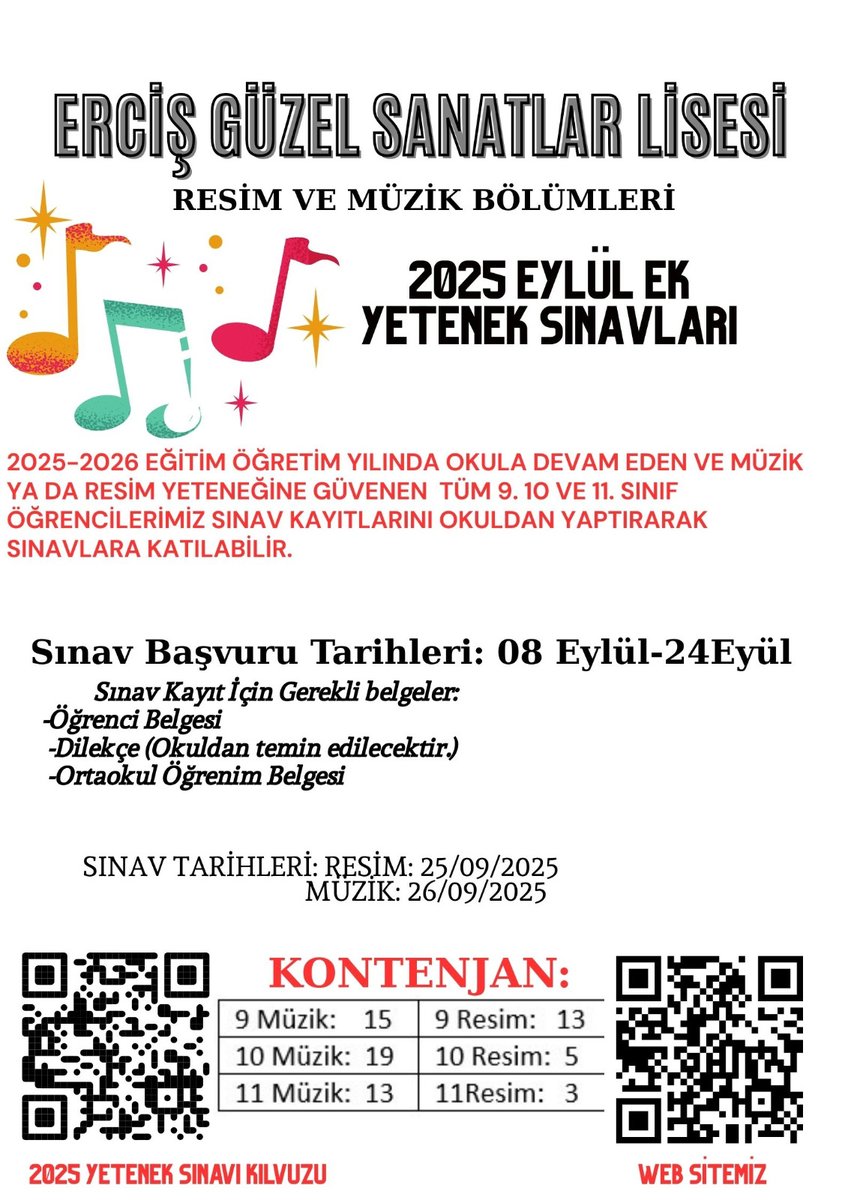 Erciş İlçe Milli Eğitim Müdürlüğü (@ercisilcemem) on Twitter photo 🎨🎶 ERCİŞ GÜZEL SANATLAR LİSESİ
📢 2025 EYLÜL EK YETENEK SINAVLARI BAŞLIYOR!
🎼 Müzik veya 🎨 Resim yeteneğine güveniyor musun?
O zaman senin yerin Erciş Güzel Sanatlar Lisesi!
<a href="/tcmeb/">Millî Eğitim Bakanlığı</a>
<a href="/tcvanvaliligi/">T.C. Van Valiliği 🇹🇷</a>
@van_ilmem
@erciskaymakamlik
@erciskaymakamligi
<a href="/MehmetakirDENZ/">Mehmet Şakir DENİZ.</a> 🎨🎶 ERCİŞ GÜZEL SANATLAR LİSESİ
📢 2025 EYLÜL EK YETENEK SINAVLARI BAŞLIYOR!
🎼 Müzik veya 🎨 Resim yeteneğine güveniyor musun?
O zaman senin yerin Erciş Güzel Sanatlar Lisesi!
<a href="/tcmeb/">Millî Eğitim Bakanlığı</a>
<a href="/tcvanvaliligi/">T.C. Van Valiliği 🇹🇷</a>
@van_ilmem
@erciskaymakamlik
@erciskaymakamligi
<a href="/MehmetakirDENZ/">Mehmet Şakir DENİZ.</a>